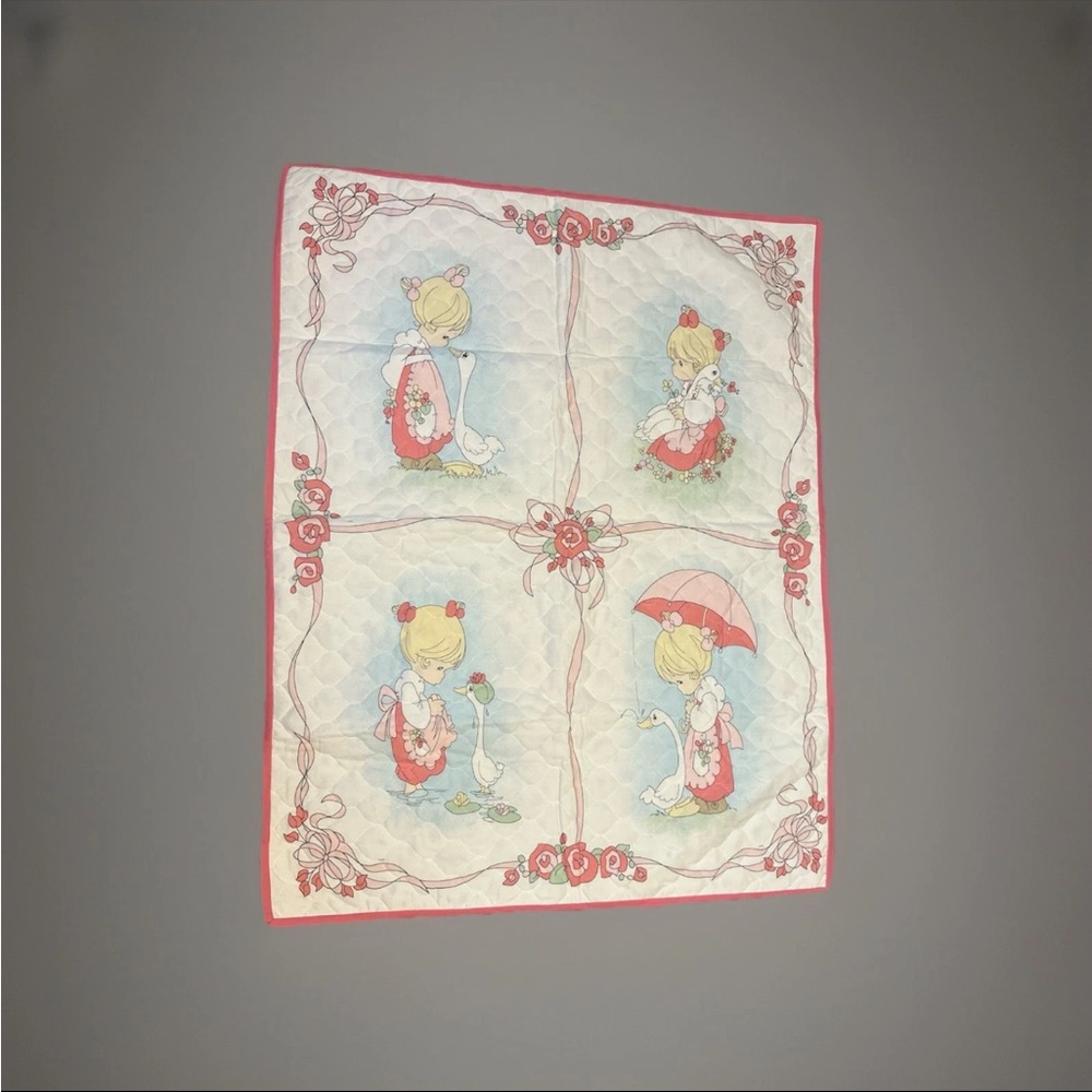 Vintage Precious Moments Baby Quilt Girl Goose 45" X 33"